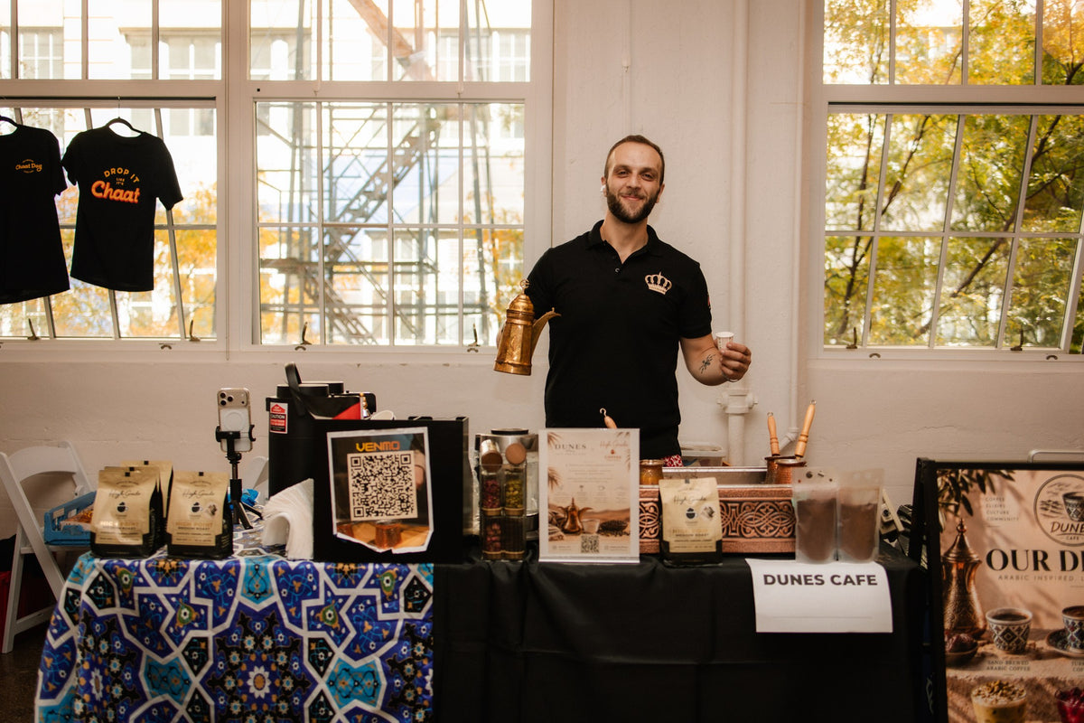 Dunes coffee station with traditional coffee pots, the drinks menu, and event service