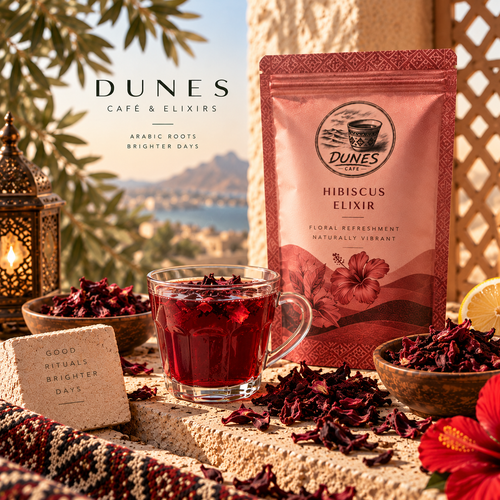 Dunes Hibiscus Elixir with deep red hibiscus drink and dried hibiscus in warm Middle Eastern-inspired styling