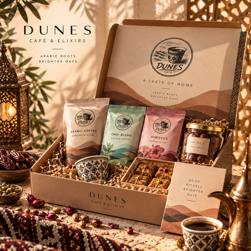 Dunes Ramadan Gift Box with Arabic coffee, chai, hibiscus and date sweets in warm sunlit Middle Eastern-inspired styling